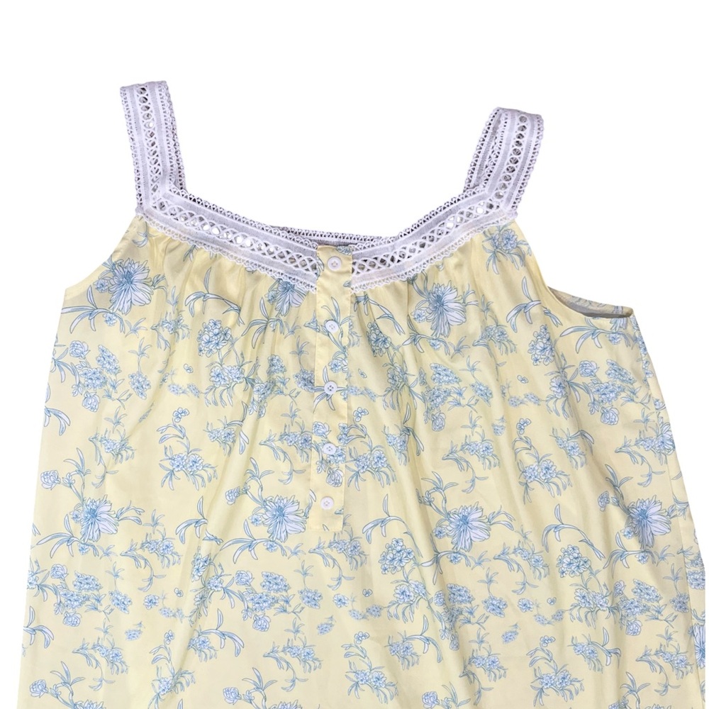 Vintage Yellow Nighty / Night Gown Lace Tiered Hem White & Blue Floral Cottage - Picture 2 of 8